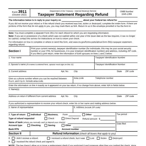 Document preview: Understanding IRS Form 3911 for Tax Refund Challenges — Taxes (CERFA n°3911)