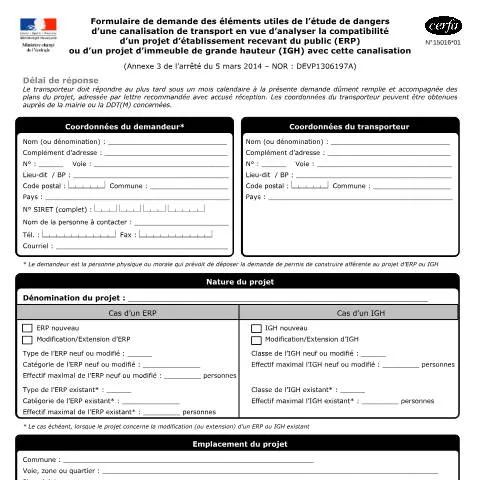 Aperçu du document Étude de dangers obligatoire : ERP et IGH près des canalisations — Démarches administratives (CERFA n°15016*01)