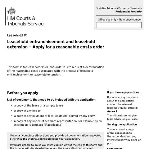 Document preview: Reasonable Costs Orders: Form Leasehold 10 Application Process — Legal & justice