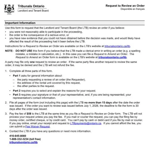 Document preview: How to Request a Review of an LTB Order in Ontario (English / French) — Housing