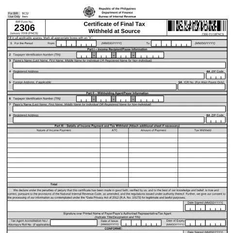 Document preview: Understanding BIR Form No. 2306 and Its Importance — Taxes (CERFA n°2306)