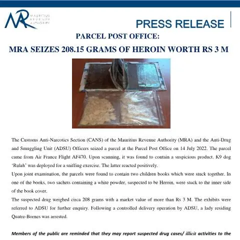 Document preview: Significant Heroin Seizure at Mauritius Parcel Post Office — Government & admin (CERFA n°PressRelease160922)