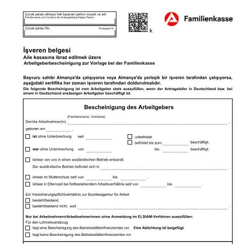 Dokumentvorschau: Arbeitsbescheinigung zur Vorlage bei der Familienkasse in Deutschland — Arbeit & Beschäftigung (CERFA n°arbeitsbescheinigung-zur-vorlage-bei-der-familienkasse-kg-54-a-tk_ba052651)