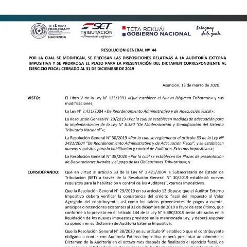 Vista previa del documento Formulario 44 para Auditores Externos Impositivos en Paraguay — Impuestos