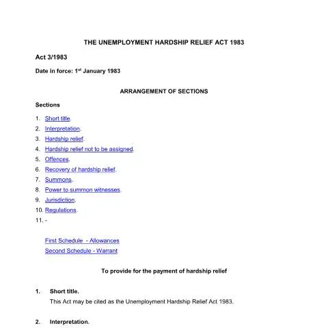 Document preview: Mauritius Unemployment Hardship Relief Act 1983 — Benefits & social aid (CERFA n°THE-UNEMPLOYMENT-HARDSHIP-RELIEF-ACT-1983)