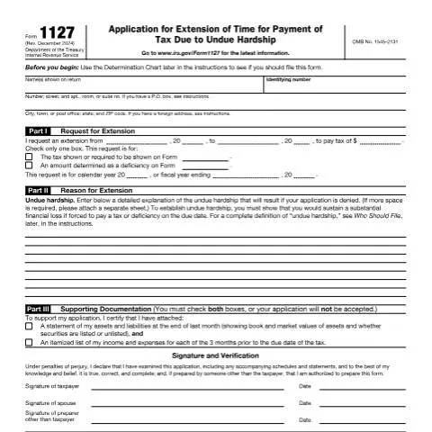 Document preview: Navigating IRS Form 1127 for Taxpayer Relief — Taxes (CERFA n°1127)