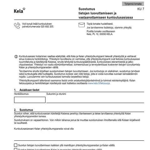 Document preview: Kuntoutusprosessin suostumus ja tiedonvaihto — Terveys (CERFA n°Kela KU 7)