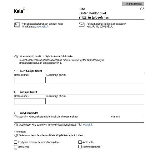 Document preview: Lastenhoidon tuet ja yrittäjän velvollisuudet — Perhe (CERFA n°Kela Y 8)