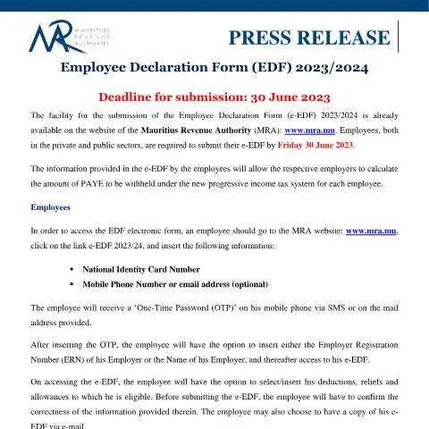 Document preview: Understanding the Importance of the Employee Declaration Form — Government & admin (CERFA n°PressReleaseEDF200623)