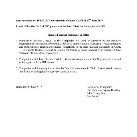 Document preview: Mauritius Financial Statement Filing in XBRL Format — Government & admin (CERFA n°GENERAL-NOTICE-NO.-854-OF-2017-GOVERNMENT-GAZETTE-NO.-58-OF-17TH-JUNE-2017)