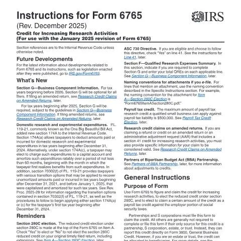 Document preview: A Deep Dive into IRS Instructions i6765 for R&D Tax Credit — Taxes (CERFA n°INST-6765)