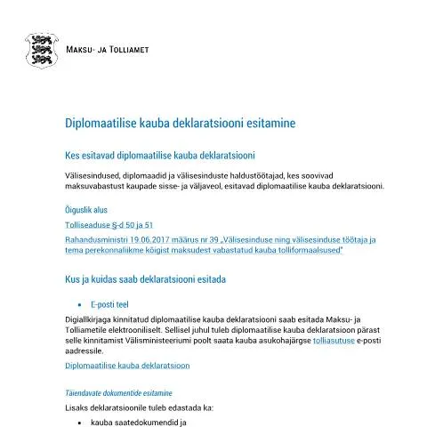 Document preview: Diplomaatilise kauba deklaratsiooni tähtsus ja esitamine — Toll ja impordi-ekspordi (CERFA n°DIPLOMAATILISE KAUBA DEKLARATSIOONI ESITAMINE)