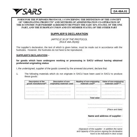 Document preview: Understanding the DA 49A 01 Supplier’s Declaration — Government & admin (CERFA n°DA 49A 01)