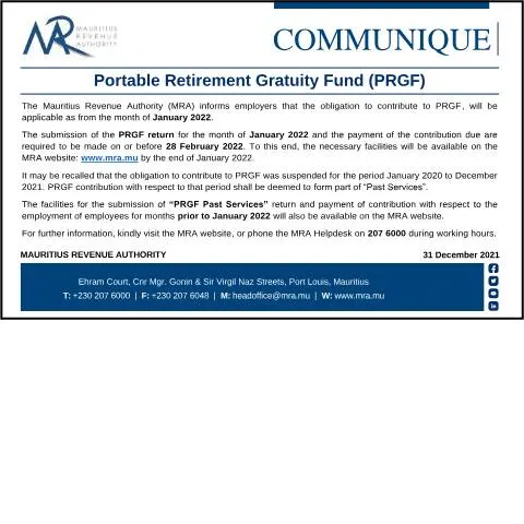 Document preview: Mauritius PRGF Official Notice 2021 — Retirement & pension (CERFA n°CommuniquePRGF2021)