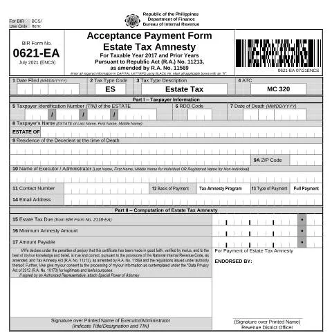 Document preview: Understanding BIR Form No. 0621-EA for Estate Tax Amnesty Payments — Taxes (CERFA n°0621-EA)
