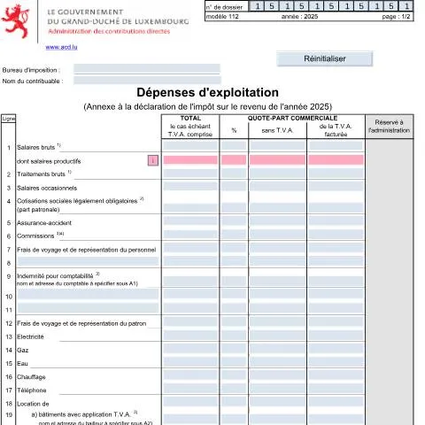 Aperçu du document Le formulaire 112 : un atout pour vos dépenses d'exploitation — Impôts & fiscalité (CERFA n°112)