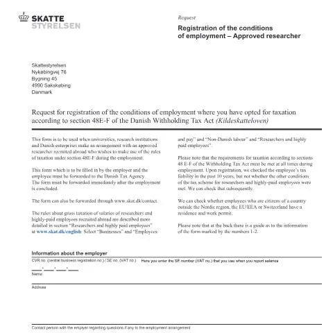 Document preview: Registrering af arbejdsbetingelser i henhold til section 48E i den — Skatter & skat (CERFA n°01.012)