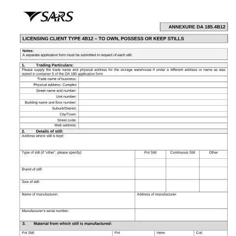 Document preview: Understanding the DA 185.4B12 Form for Distillers — Government & admin (CERFA n°DA 185.4B12)