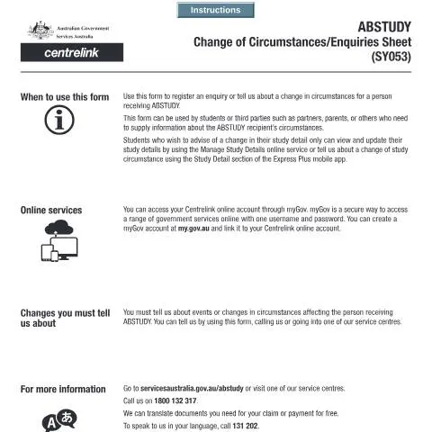 Document preview: Comprehensive Guide to ABSTUDY Change of Circumstances Form — Benefits & social aid (CERFA n°SY053)