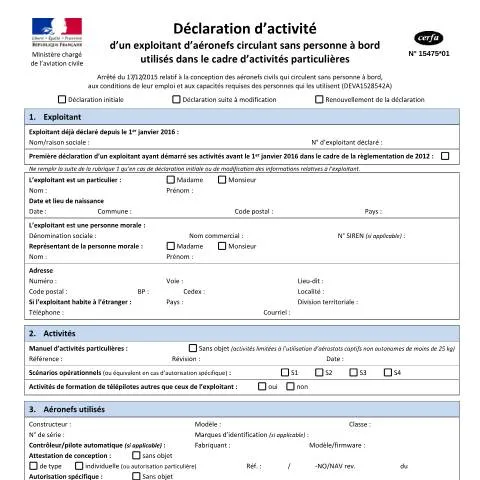 Aperçu du document Comment déclarer son activité d'exploitation de drones professionnels — Démarches administratives (CERFA n°15475*01)