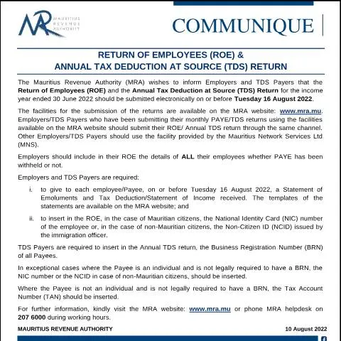 Document preview: Key Insights on ROE and TDS Returns in Mauritius — Taxes (CERFA n°CommuniqueROE100822)