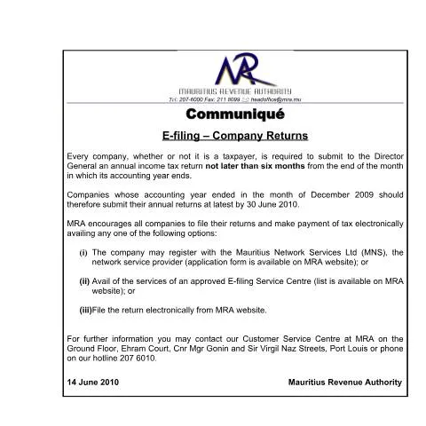 Document preview: Essential Guide to Company Returns E-Filing in Mauritius — Taxes (CERFA n°CommuniqueCompanyReturnJune2010)