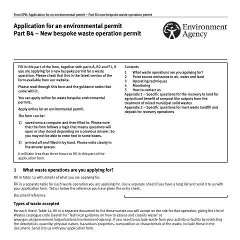 Document preview: How to Apply for Environment Agency Part B4 Bespoke Waste Permits — Government & admin