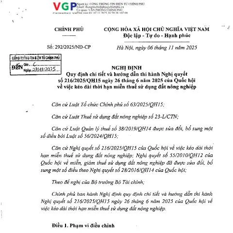 Document preview: Chi tiết về Nghị định 292/2025/NĐ-CP và miễn thuế đất nông nghiệp — Thuế & tài chính (CERFA n°292/2025/NĐ-CP)