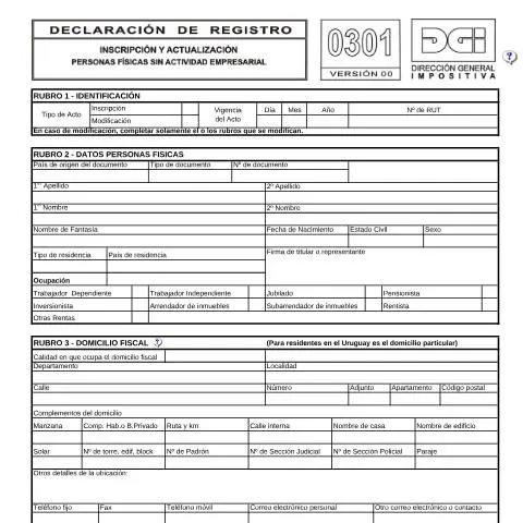 Vista previa del documento Formulario 0301: Registro de Personas Físicas en Uruguay — Impuestos (CERFA n°0301)