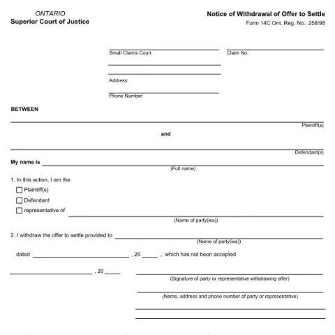 Document preview: Understanding the Ontario Form 14C: Withdrawal of Settlement Offer — Legal & justice (Form 14C)