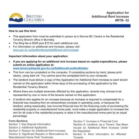 Document preview: Guide to Applying for Additional Rent Increase in British Columbia — Housing (RTB-52)