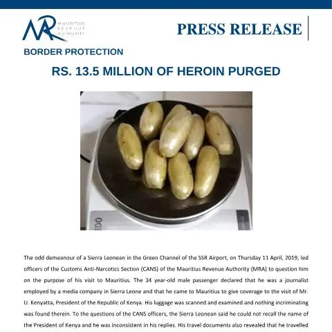 Document preview: Mauritian Border Drug Seizure Highlights Anti-Drug Efforts — Government & admin (CERFA n°PressRelease150419)
