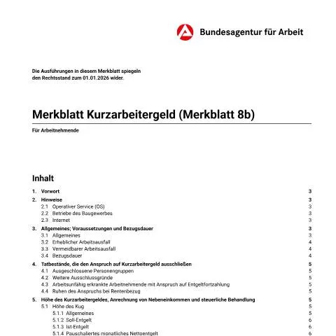 Dokumentvorschau: Wichtige Informationen zum Kurzarbeitergeld für Arbeitnehmer — Arbeit & Beschäftigung (CERFA n°merkblatt-8b-kurzarbeitergeld_ba034285)