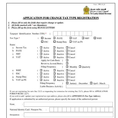 Document preview: Guide to the Application for Change Tax Type Registration — Taxes (CERFA n°TPR_012)