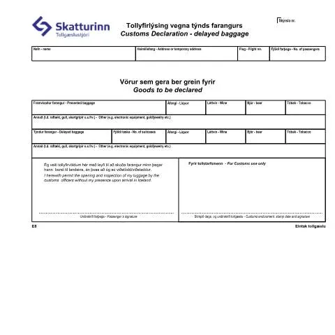 Document preview: Leiðbeiningar um tollafgreiðslu seinkaðs farangurs — Tollur & innflutningur (CERFA n°TS-E8)