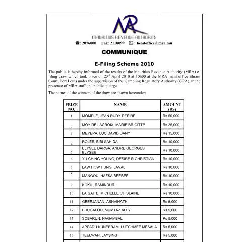 Document preview: Mauritius Revenue Authority E-Filing Draw 2010 Winners — Government & admin (CERFA n°CommuniqueDraw2010)