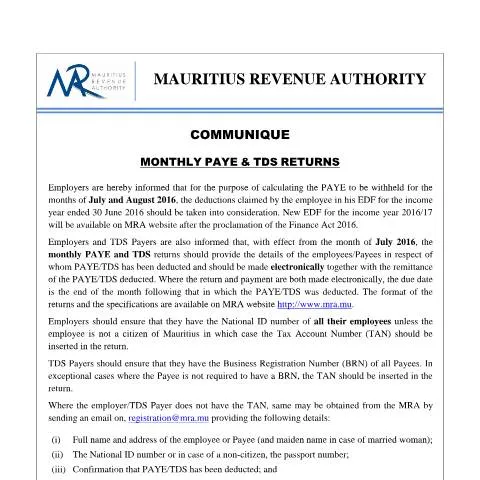 Document preview: Understanding Monthly PAYE & TDS Returns in Mauritius — Taxes (CERFA n°MonthlyROEandTDS)