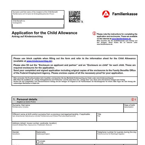 Dokumentvorschau: Antrag auf Kinderzuschlag (KiZ 1) für Familien in Deutschland — Familie (CERFA n°antrag-auf-kinderzuschlag-kiz-1-englisch_ba047423)