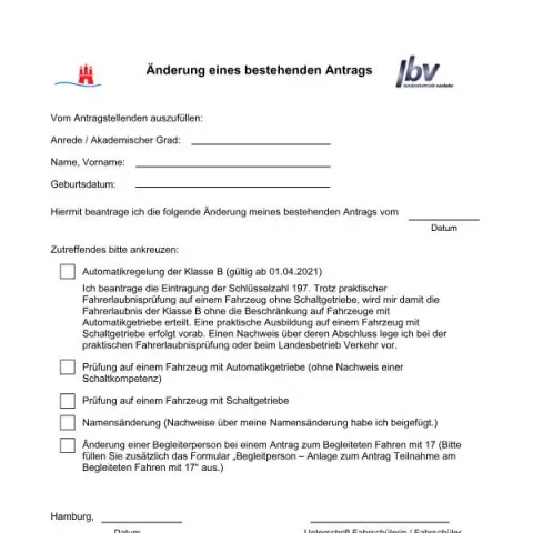 Dokumentvorschau: Formularänderung für bestehenden Führerscheinantrag in Hamburg — Fahrzeug & Führerschein (lbv_aenderung_antrag)