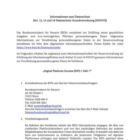 Dokumentvorschau: Verwendung des dpi_dac7 Formulars beim BZSt für DAC 7 — Behörden & Verwaltung (CERFA n°dpi_dac7)