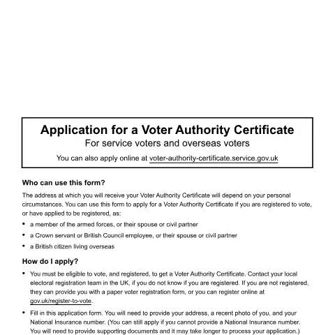 Document preview: Voter Authority Certificate: Voting Rights for Brits Abroad — Government & admin