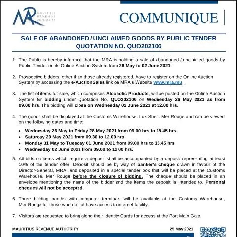 Document preview: Participate in the MRA's Public Tender for Abandoned Goods — Government & admin (CERFA n°CommuniqueQ202106)