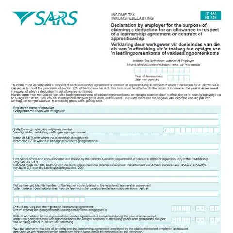 Document preview: Understanding the IT180 Form for Employers in South Africa — Taxes (CERFA n°IT180)
