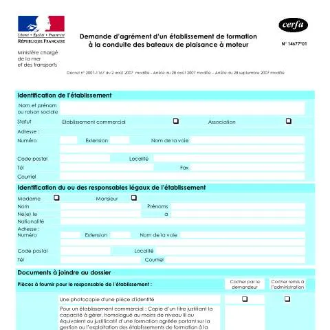 Aperçu du document Comment obtenir l'agrément pour enseigner la conduite nautique — Démarches administratives (CERFA n°14677*01)