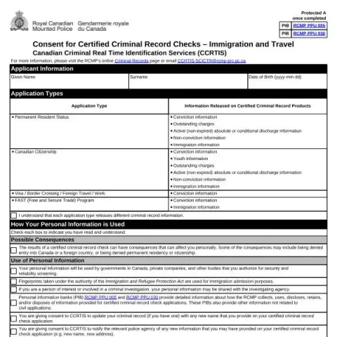 Document preview: Understanding the RCMP Form 6674e for Immigration and Travel — Legal & justice (6674e)