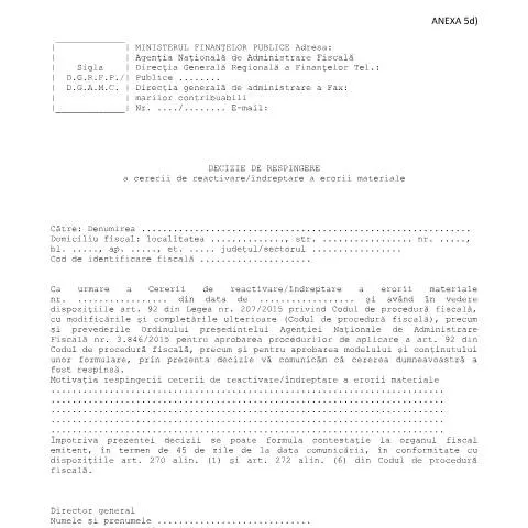 Document preview: Detalii despre Decizia de respingere a cererii ANAF — Impozite & fiscalitate (CERFA n°A5d_3846_2015)