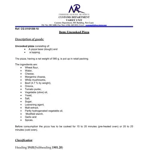 Document preview: Understanding the Uncooked Pizza Classification in Mauritius — Government & admin (CERFA n°UncookedPizza)