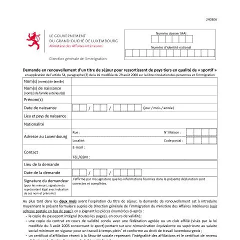 Aperçu du document Guide pour le renouvellement du titre de séjour sportif au Luxembourg — Emploi & travail (CERFA n°renouvellement-titre-sportif)