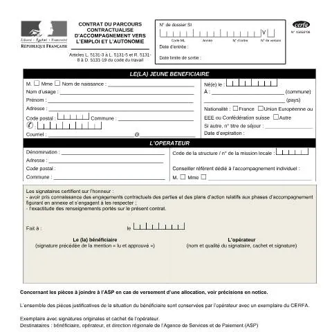 Aperçu du document Parcours contractualisé RSA : votre accompagnement personnalisé — Emploi & travail (CERFA n°15656*06)
