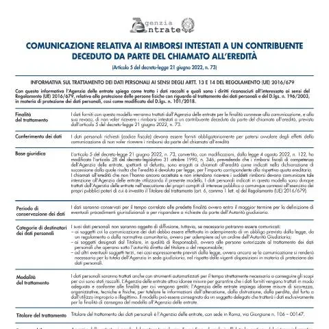 Anteprima documento Modulo per rimborsi a contribuente deceduto: guida ufficiale — Tasse e fisco